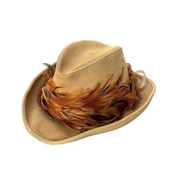 Henschel Skully's Suede Leather Cowboy Hat Rooster Feathers XL Desert Revival